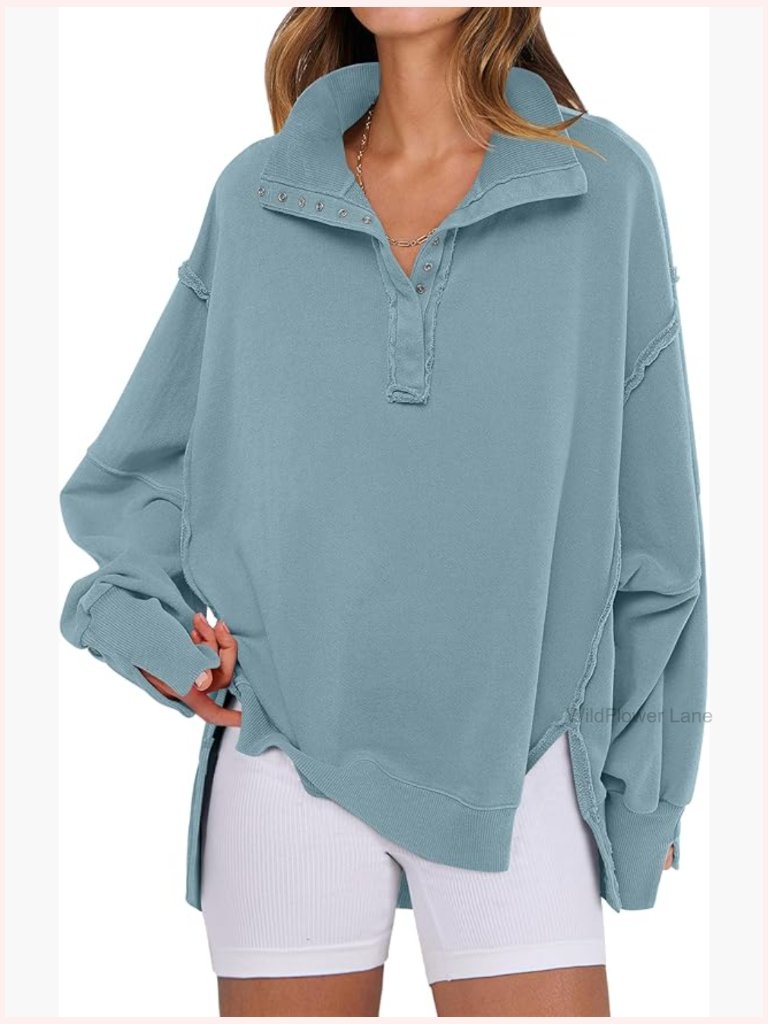 Oversized Henley Pullover Sweatshirt - Loose Fit Long Sleeve High Low Split